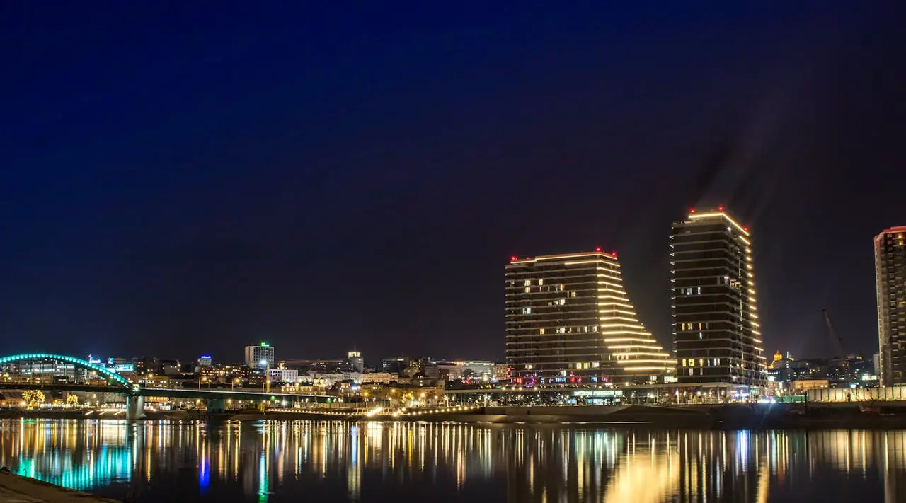 a city skyline at night with lights reflecting on water Belgrade serbia